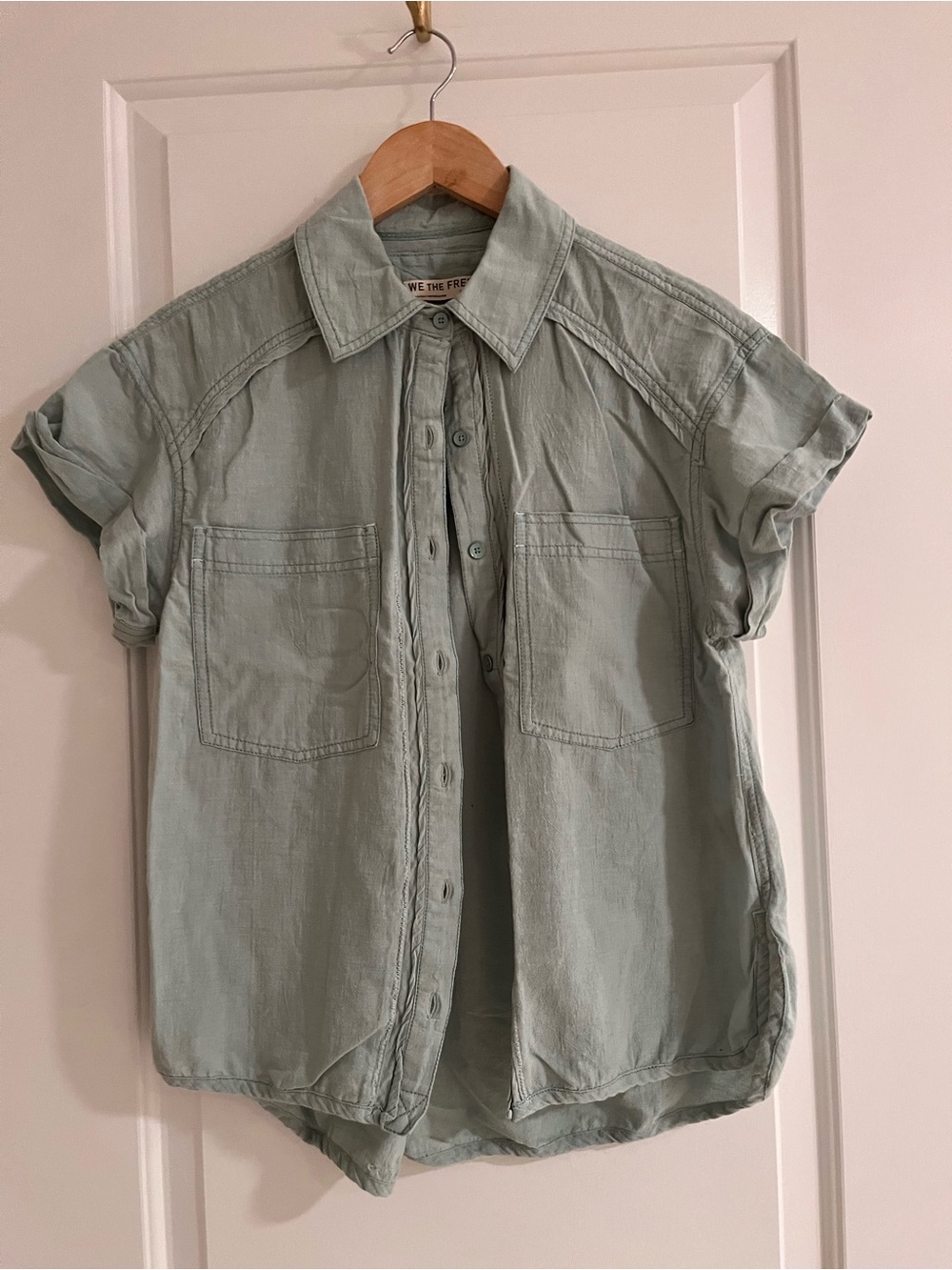 Free People Relaxed Short-Sleeve Button-Down Shirt in Mint - Picture 2 of 11